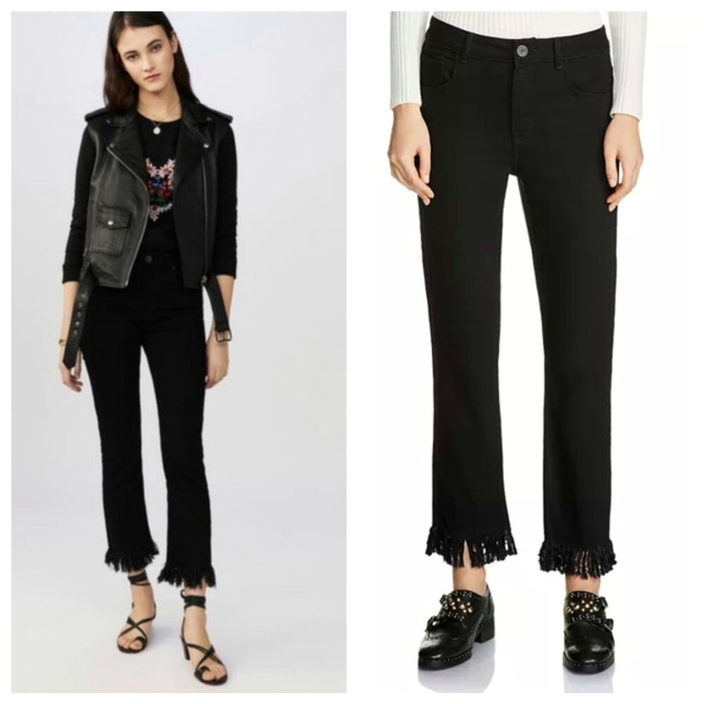 Maje Panako High Waist Jeans EU 36 US S Black Straight Leg Fringe Hem Ankle